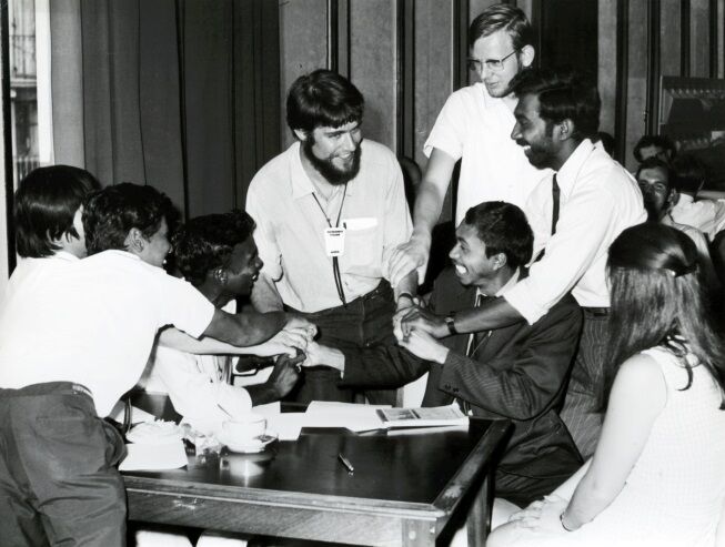 Youth delegates congratulating Christian Kempf elected first youth delegate at the LWF Executive Committee.  Photo: LWF Archives