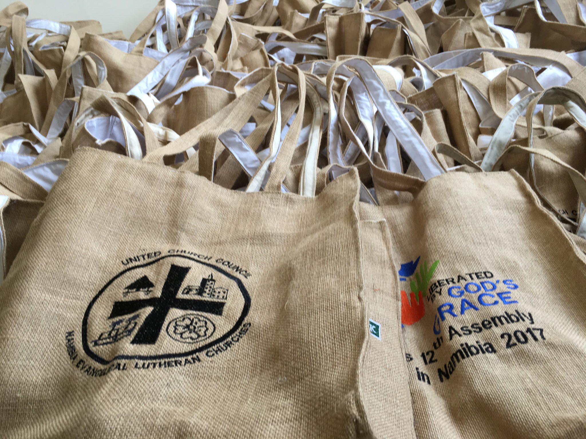 Conference bags for the LWF Twelfth Assembly delegates and guests, produced by Otavi Women in Textile, Namibia. Photo: LWF/Albin Hillert