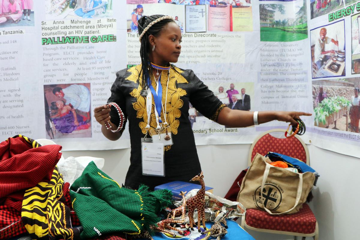 Griftiel Abraham Mshana, a Youth Leader at the Evangelical Lutheran Church in Tanzania presenting traditional crafts. Photo: LWF/Brenda Platero