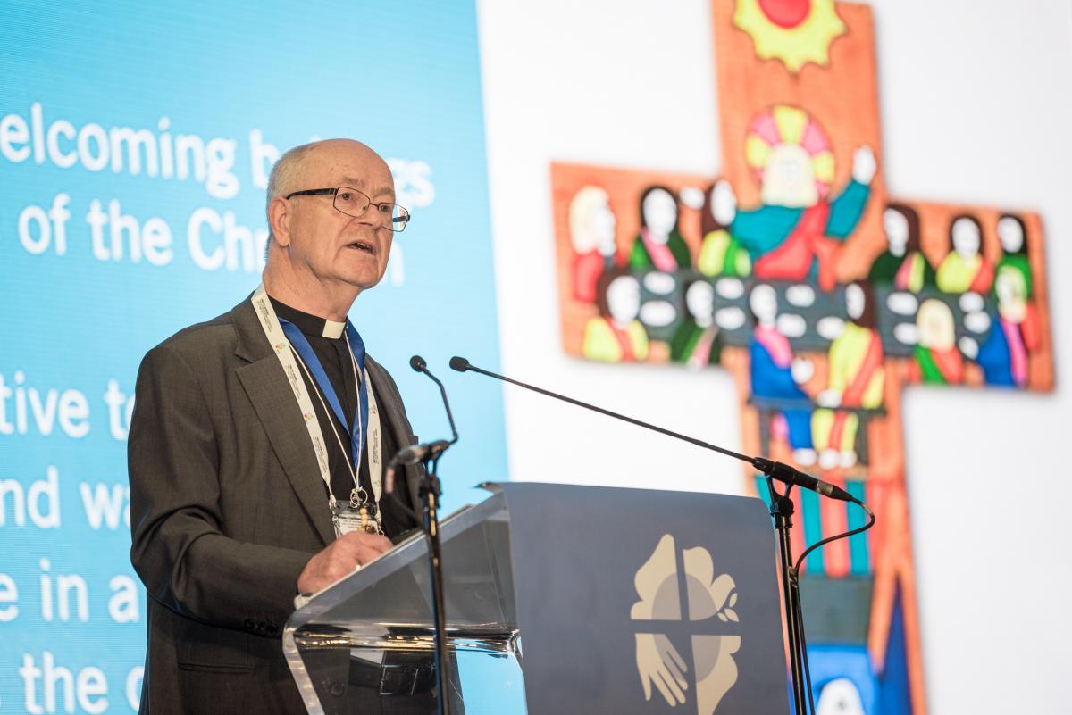 Rev. Dr Kjell Nordstokke speaking at the thematic plenary "Human Beings - Not for Sale" at the Twelfth Assembly of the Lutheran World Federation. Photo: LWF/Albin Hillert