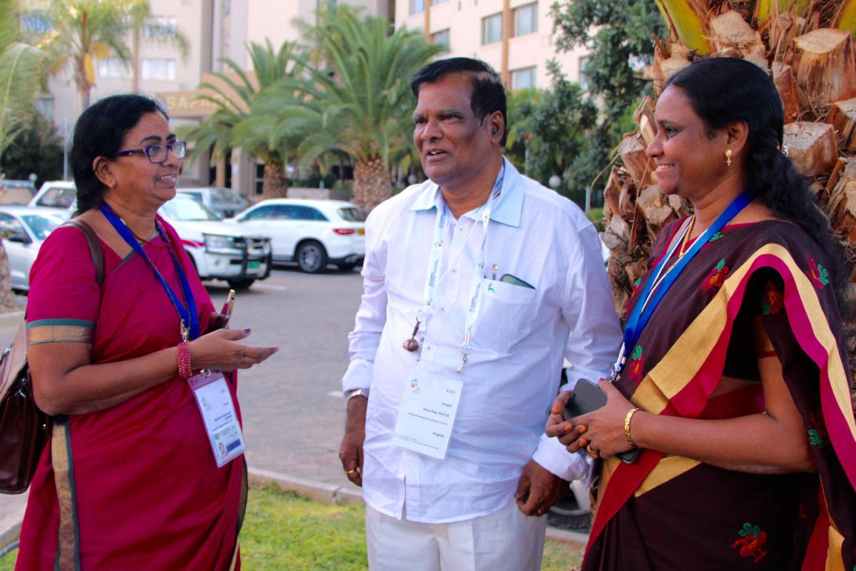 (L-R) Beulah Iris Satyavathi Sundur, Deva Raju Patta and Suneetha Manukonda from Andhra Evangelical Lutheran Church, India discussing about gender equality after the plenary. Photo: LWF/S. Lawrence