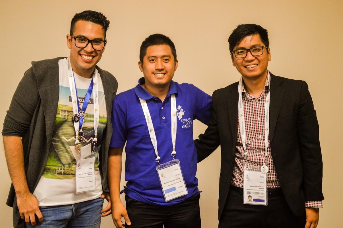 Daniel Sinaga, Johanan Celine P Valeriano and Grosvyn Ariel Rodriguez Ramfrez (From Right to left) after their presentation in LWF’s Twelfth assembly. Photo: LWF/Eugenio Albricht