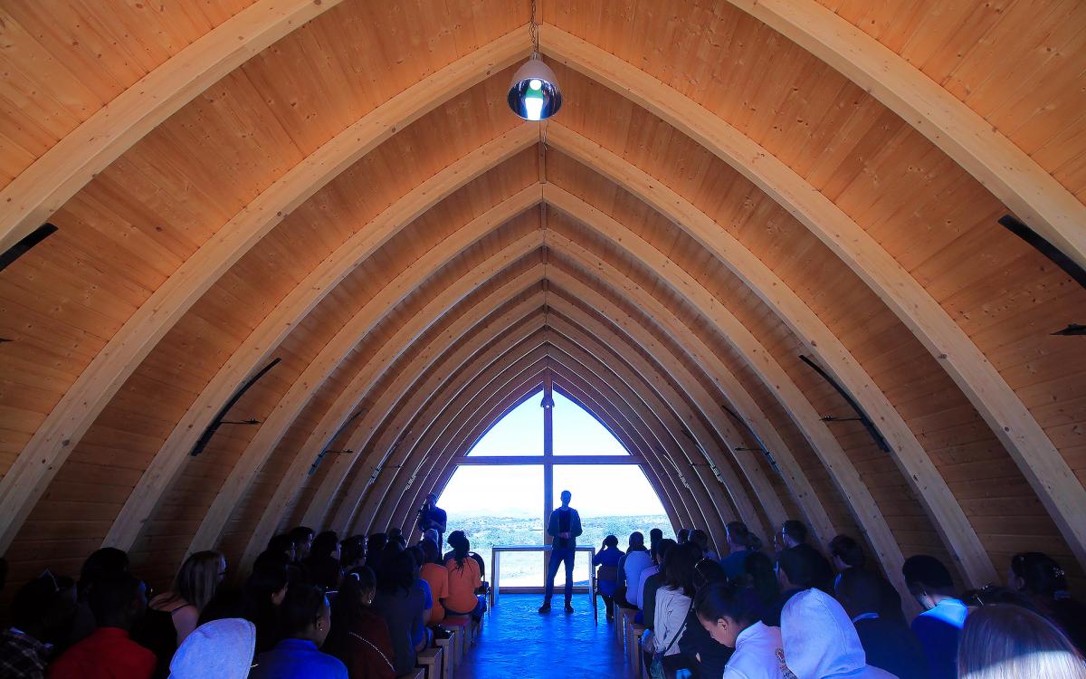 Youth Pre-Assembly on the first morning devotion at a beautiful small chapel near Heja Game Lodge before the long trip to Ondangwa, Namibia. Photo: LWF/JC Valeriano