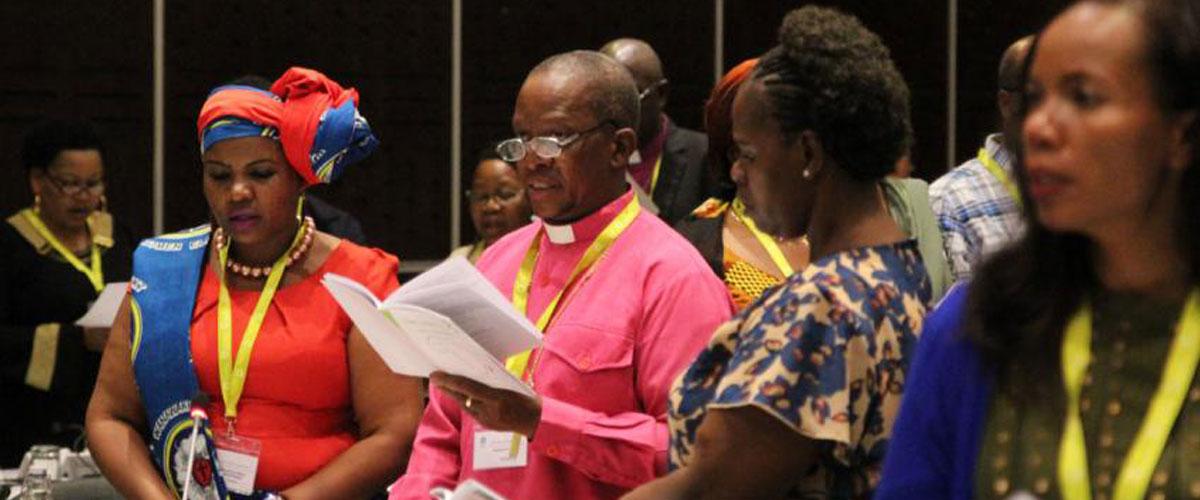 Faustina Manyangu, Evangelical Lutheran Church in Tanzania, Bishop Absalom Mnisi, ELCSA and Shoni Ngobeni, LUCSA at the opening worship of the LWF Africa Pre-Assembly. Photo: LWF/A. Weyermüller Faustina Manyangu, Evangelical Lutheran Church in Tanzania, Bishop Absalom Mnisi, ELCSA and Shoni Ngobeni, LUCSA at the opening worship of the LWF Africa Pre-Assembly. Photo: LWF/A. Weyermüller