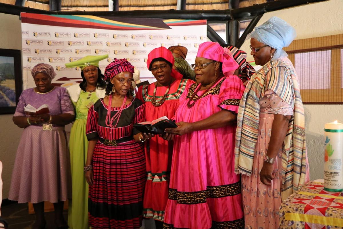 The choir of women delegates of the Evangelical Lutheran Church in the Republic of Namibia presenting a hymn during the opening worship of the Women’s Pre-Assembly in Windhoek, Namibia. Photo: LWF/Brenda Platero The choir of women delegates of the Evangelical Lutheran Church in the Republic of Namibia presenting a hymn during the opening worship of the Women’s Pre-Assembly in Windhoek, Namibia. Photo: LWF/Brenda Platero