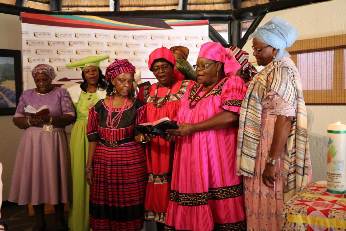 The choir of women delegates of the Evangelical Lutheran Church in the Republic of Namibia presenting a hymn during the opening worship of the Women’s Pre-Assembly in Windhoek, Namibia. Photo: LWF/Brenda Platero