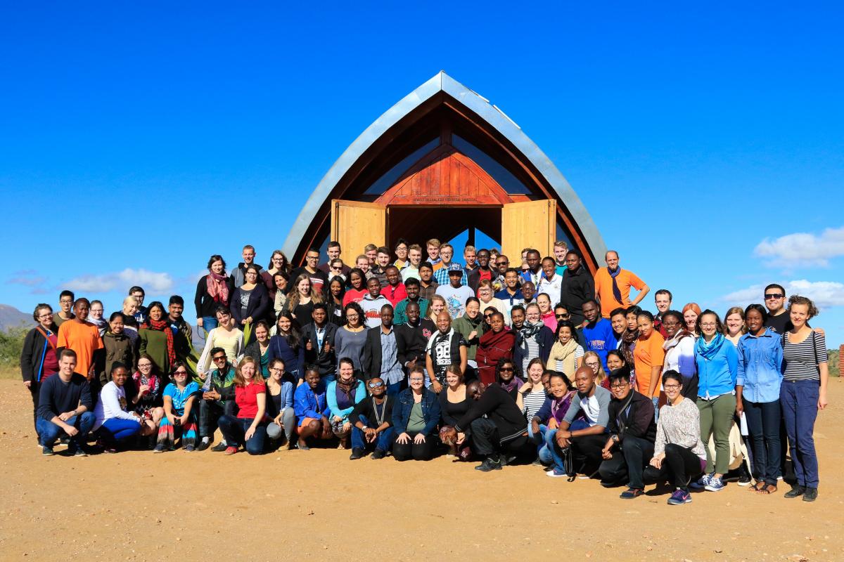 A group photo of all participants of the LWF-Youth Pre-Assembly 2017 in front of the small chapel near Heja Games Lodge, Windhoek. Photo: LWF/JC Valeriano