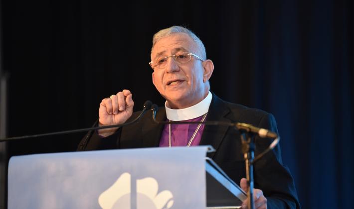 The Lutheran World Federation (LWF) President Bishop Dr Munib A. Younan addressing participants on the opening day of the Twelfth Assembly of the LWF in Namibia’s capital Windhoek. Photo: LWF/Albin Hillert