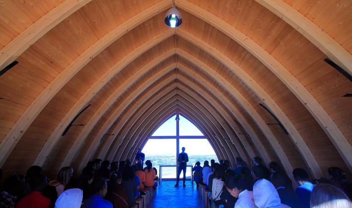 Youth Pre-Assembly on the first morning devotion at a beautiful small chapel near Heja Game Lodge before the long trip to Ondangwa, Namibia. Photo: LWF/JC Valeriano
