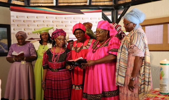 The choir of women delegates of the Evangelical Lutheran Church in the Republic of Namibia presenting a hymn during the opening worship of the Women’s Pre-Assembly in Windhoek, Namibia. Photo: LWF/Brenda Platero